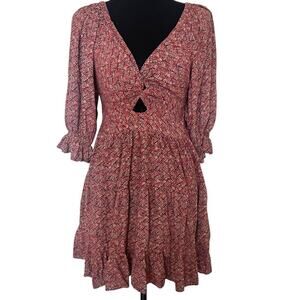 Angie Women's Boho Twist Keyhole 3/4 Sleeve Mini Dress Red Brown Size Large